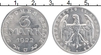 Продать Монеты Веймарская республика 3 марки 1922 Алюминий