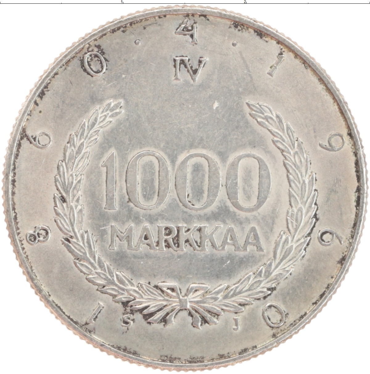 Монета 1000 марок Финляндии 1960 года Серебро 100 лет Финской марке