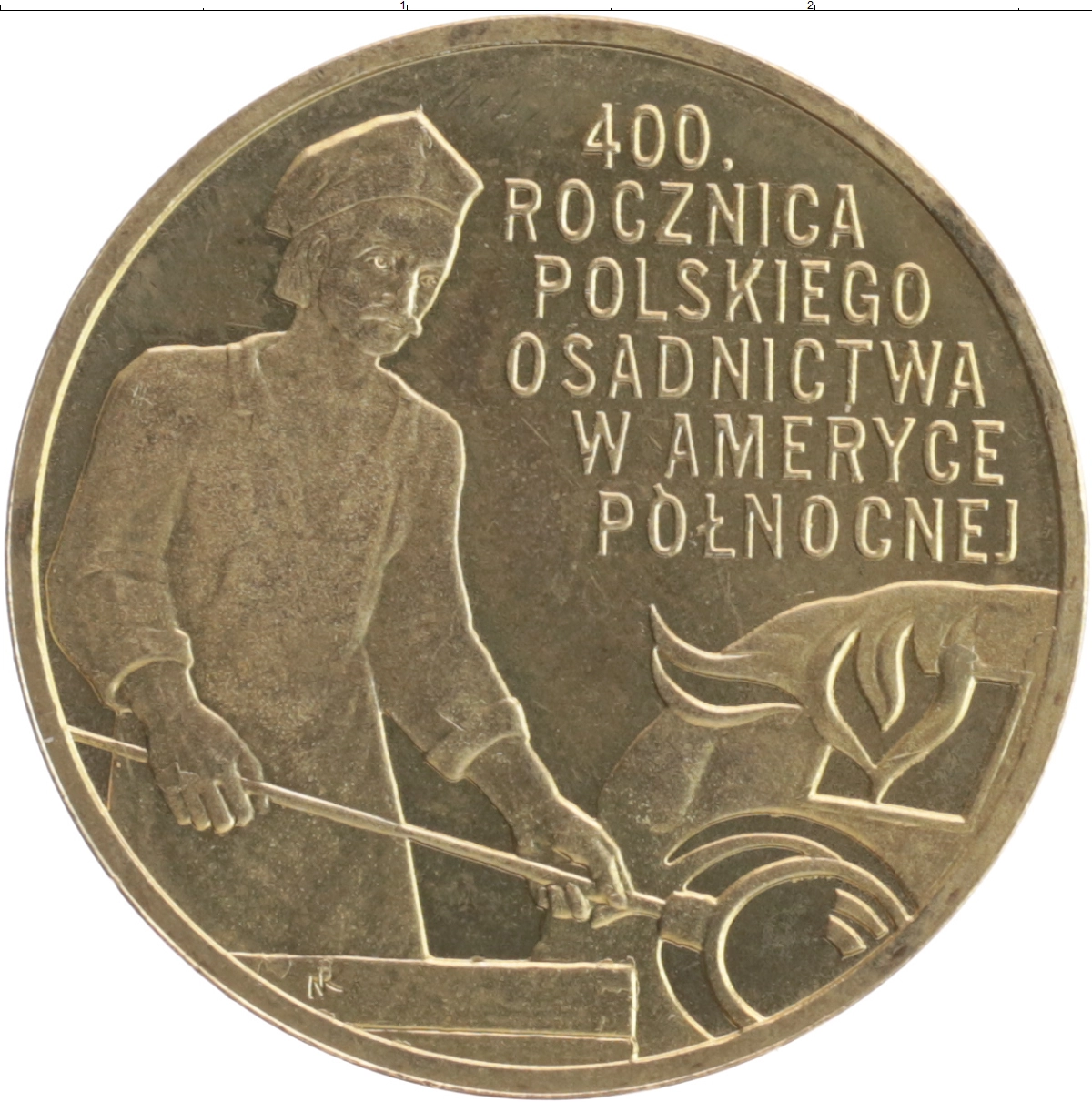 Монета 2 злотых Польши 2008 года Латунь 400 лет польским поселениям в Северной Америке